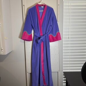 Vintage Appel Terry Long Bathrobe Purple Pink Belted Wide Sleeve USA Made Hippie